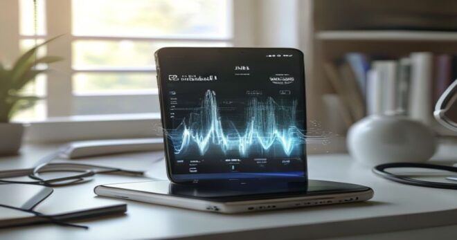 A modern smartphone displaying a health education video being converted to an MP3 audio file, with visual representation of sound waves emerging from the device, set on a clean desk with medical books