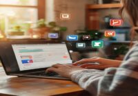 A realistic photo of a person using a laptop on a wooden desk, with multiple social media icons floating above the screen, showing a download progress bar for a video file, in a cozy home office setti