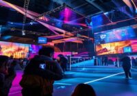 A photorealistic image of a modern cultural event setup with digital screens displaying vibrant graphics and film trailers, attendees using smartphones to interact with digital content, and a futurist
