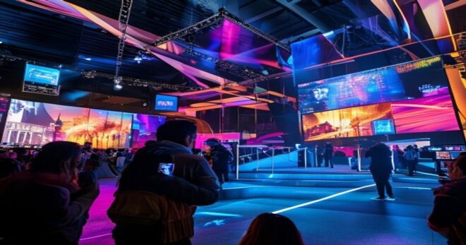 A photorealistic image of a modern cultural event setup with digital screens displaying vibrant graphics and film trailers, attendees using smartphones to interact with digital content, and a futurist