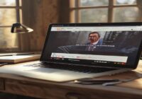 A photorealistic image of a laptop screen displaying a political speech video from a news website, with a download button highlighted in the browser. The scene is set on a wooden desk with a notebook