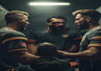 A photorealistic image of a football team huddled together in a locker room, with a coach speaking passionately to them. The mood is serious but determined. Soft lighting, professional sports setting.