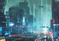 A photorealistic image of a futuristic cityscape with digital overlays and holographic interfaces, showing a mix of advanced technology and human elements. The scene should convey both progress and un