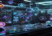 A futuristic control room with multiple AI agents represented as glowing holographic spheres, each with a different color and symbol (like a brain, a gear, a chat bubble), connected by lines to a cent