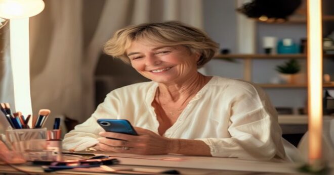 A 61-year-old woman with short hair, sitting at a vanity table with makeup products, smiling naturally at a smartphone camera, soft natural lighting, photorealistic style, no text or logos.