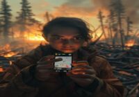 A photorealistic image of a person holding a smartphone showing a music player app, with a background of a devastated forest after a wildfire. The person looks determined and hopeful, with a faint glo