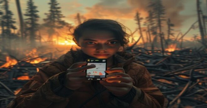 A photorealistic image of a person holding a smartphone showing a music player app, with a background of a devastated forest after a wildfire. The person looks determined and hopeful, with a faint glo