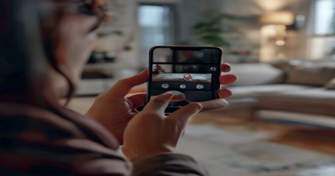 A photorealistic image of a woman's hands holding a smartphone discreetly recording a tense domestic scene, with a blurred background showing a living room. The focus is on the phone screen displaying