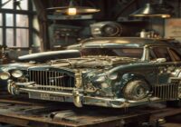 A classic Rolls-Royce with a V8 engine being restored in a workshop, with original engine parts on a workbench, photorealistic, high detail, warm lighting