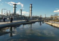 Photorealistic image of a municipal wastewater treatment plant with inspectors checking pipes and documents, under a clear sky, industrial setting