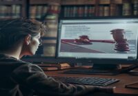 A photorealistic image of a person looking at a computer screen showing a warning message about illegal downloads, with a gavel and law books in the background, conveying the legal consequences.