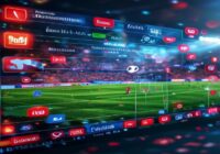 A photorealistic image of a digital screen displaying a football match with social media interaction icons (likes, shares, comments) floating around, representing 1 billion digital interactions for th