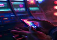 A photorealistic image of a person's hand holding a smartphone with social media app icons glowing, while a slot machine lever is visible in the background, symbolizing addiction. The scene is dimly l