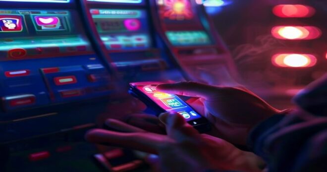 A photorealistic image of a person's hand holding a smartphone with social media app icons glowing, while a slot machine lever is visible in the background, symbolizing addiction. The scene is dimly l