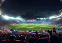 A high-quality photorealistic image of a football stadium at night, with a large screen displaying the PSG vs Bayern Munich match. The stands are full of cheering fans waving flags and scarves. The at