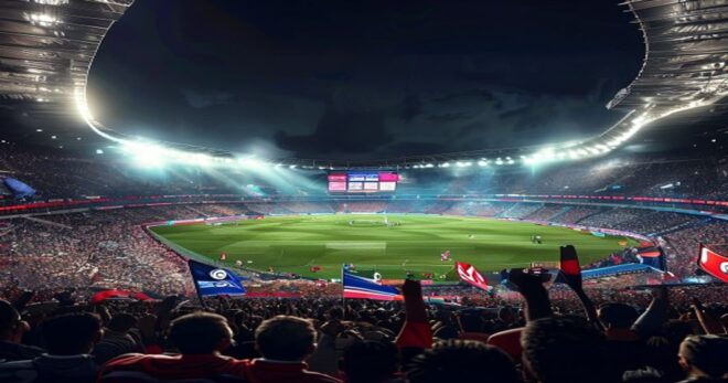 A high-quality photorealistic image of a football stadium at night, with a large screen displaying the PSG vs Bayern Munich match. The stands are full of cheering fans waving flags and scarves. The at