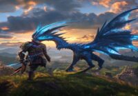 A photorealistic scene from Monster Hunter Stories 3: a hunter and their Monstie, a blue Rathalos, standing on a grassy hill overlooking a lush valley with ancient ruins. The hunter wears leather armo