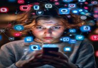 A realistic photo of a person looking at a smartphone with a worried expression, surrounded by floating icons of social media apps and a padlock symbol, representing online security threats.