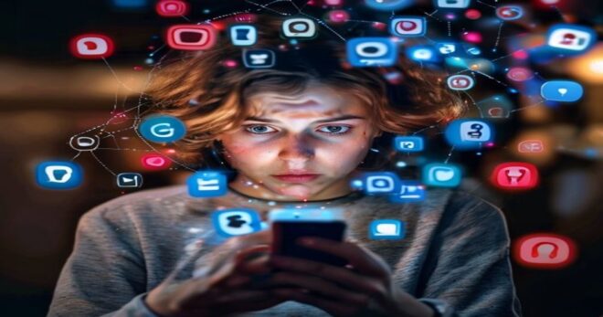 A realistic photo of a person looking at a smartphone with a worried expression, surrounded by floating icons of social media apps and a padlock symbol, representing online security threats.