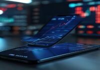 A photorealistic image of a Xiaomi smartphone displaying an AI-powered interface, with subtle glowing lines indicating data processing. The phone is placed on a sleek desk, with a blurred background o