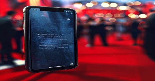 A photorealistic image of a smartphone screen showing a social media post with a cryptic message, surrounded by blurred background of a red carpet event with celebrities.