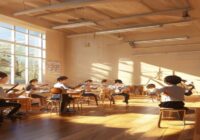 A realistic photo of a music school classroom with children playing instruments, bright and cheerful atmosphere, natural light, wooden floor, acoustic panels on walls.