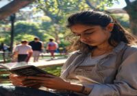 A photorealistic image of a young Mexican woman reading a book on her smartphone while sitting on a park bench in a sunny Mexico City park, with trees and people in the background. The smartphone scre