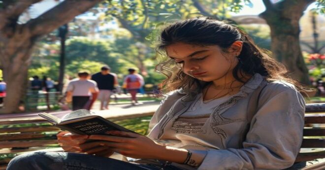 A photorealistic image of a young Mexican woman reading a book on her smartphone while sitting on a park bench in a sunny Mexico City park, with trees and people in the background. The smartphone scre
