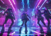 A futuristic virtual K-pop group performing on a holographic stage with neon lights, avatars with colorful hair and sleek outfits, digital screens displaying their music charts, photorealistic style,