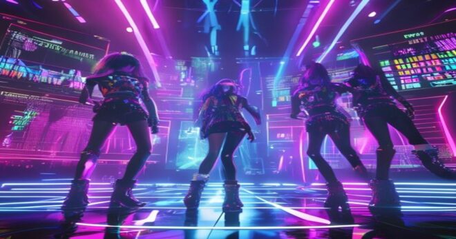 A futuristic virtual K-pop group performing on a holographic stage with neon lights, avatars with colorful hair and sleek outfits, digital screens displaying their music charts, photorealistic style,