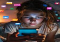 A realistic photo of a teenage girl looking at a smartphone screen with colorful ads popping up, her expression showing confusion or concern. The background is a cozy bedroom, natural lighting.
