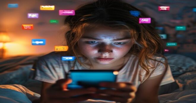 A realistic photo of a teenage girl looking at a smartphone screen with colorful ads popping up, her expression showing confusion or concern. The background is a cozy bedroom, natural lighting.