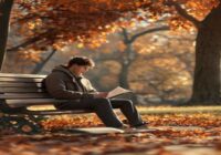 A person sitting on a park bench in autumn, reading a physical book, with a smartphone placed face down beside them, peaceful expression, natural lighting, photorealistic style.