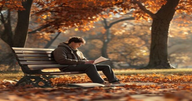 A person sitting on a park bench in autumn, reading a physical book, with a smartphone placed face down beside them, peaceful expression, natural lighting, photorealistic style.