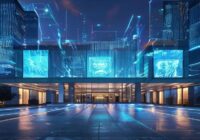 A photorealistic image of a modern government building with digital holographic screens displaying AI algorithms and data streams, symbolizing the integration of artificial intelligence in public admi