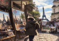 A photorealistic street scene in Montmartre, Paris, with a tourist looking at paintings displayed on a street stall. The paintings are generic Eiffel Tower scenes, and the seller looks away. In the ba