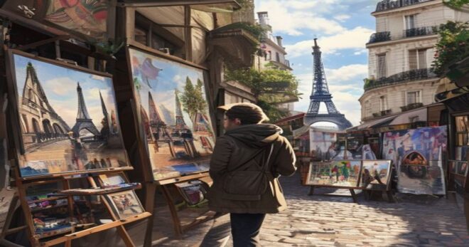 A photorealistic street scene in Montmartre, Paris, with a tourist looking at paintings displayed on a street stall. The paintings are generic Eiffel Tower scenes, and the seller looks away. In the ba