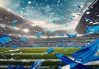 A photorealistic image of a football stadium in Argentina, with fans holding blue and white flags and banners of Quilmes club. The atmosphere is energetic, with confetti and a match in progress. No te