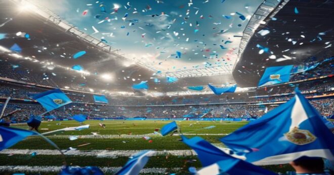 A photorealistic image of a football stadium in Argentina, with fans holding blue and white flags and banners of Quilmes club. The atmosphere is energetic, with confetti and a match in progress. No te