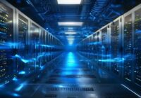 Photorealistic image of a futuristic data center with rows of servers, some emitting a synthetic blue glow, representing artificial data generation. No text or logos.