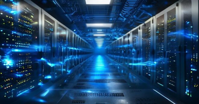 Photorealistic image of a futuristic data center with rows of servers, some emitting a synthetic blue glow, representing artificial data generation. No text or logos.