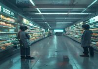 A realistic photo of an empty, sterile digital supermarket aisle with glowing screens instead of shelves, and a single frustrated customer trying to interact with a robotic kiosk, conveying lack of hu
