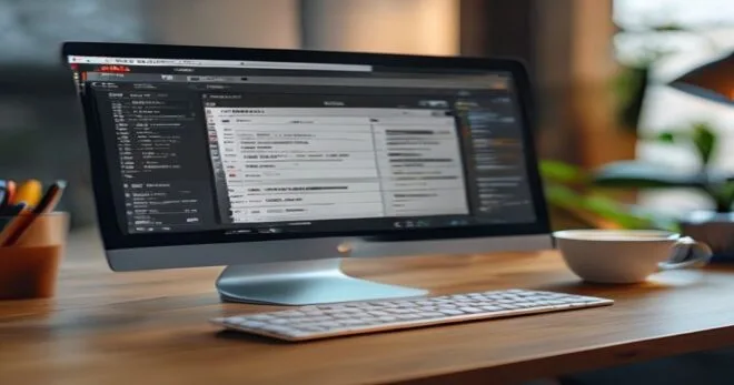 A realistic photo of a computer screen showing file properties window with metadata details highlighted, and a delete button being clicked. Clean desk with a cup of coffee.