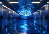 A photorealistic image of a modern data center with rows of high-tech servers and storage units, glowing blue lights, and a holographic AI brain icon floating above, symbolizing the connection between