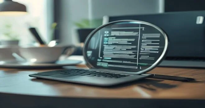 A photorealistic image showing a digital file icon (like a document or music note) with a magnifying glass revealing hidden metadata fields such as GPS coordinates, author name, and date. The backgrou