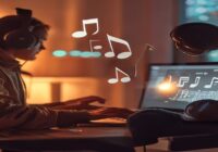 A realistic photo of a person using a laptop to download music, with a headphone and a music note icon floating above the screen, modern home office setting, warm lighting, high detail.