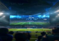 A photorealistic image of a football stadium at night with a large digital screen displaying AI-generated probability percentages for a match, with a team logo of Real Aviles on the screen, fans watch