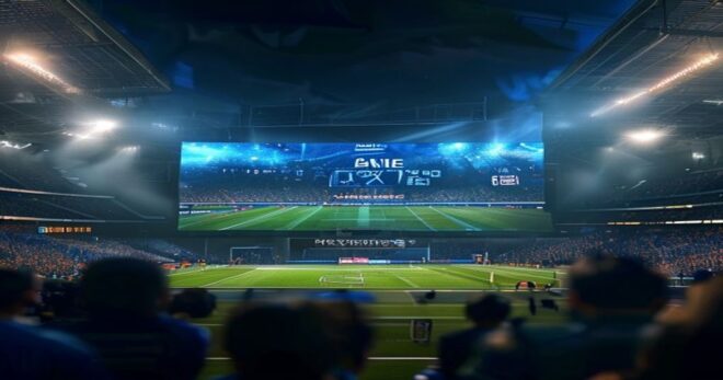 A photorealistic image of a football stadium at night with a large digital screen displaying AI-generated probability percentages for a match, with a team logo of Real Aviles on the screen, fans watch