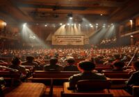 A photorealistic image of a small concert hall filled with audience members watching a student orchestra perform. The stage has young musicians playing violins, cellos, and woodwinds, with sheet music