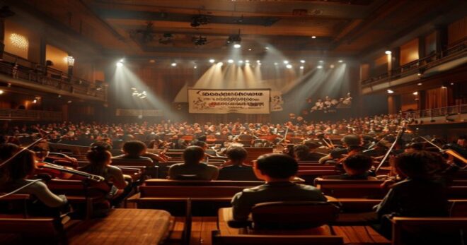 A photorealistic image of a small concert hall filled with audience members watching a student orchestra perform. The stage has young musicians playing violins, cellos, and woodwinds, with sheet music